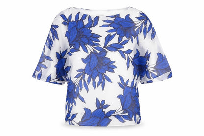 Front view of Roman Women's Floral Blue Tunic Blouse, size 14