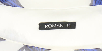 Close-up detail of Roman Women's Floral Blue Tunic Blouse, size 14