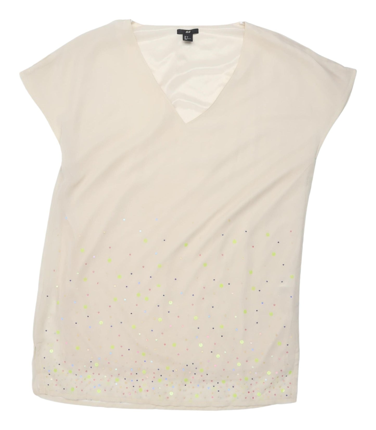 H&M Women's Beige Sequin V-Neck Blouse, Size 8