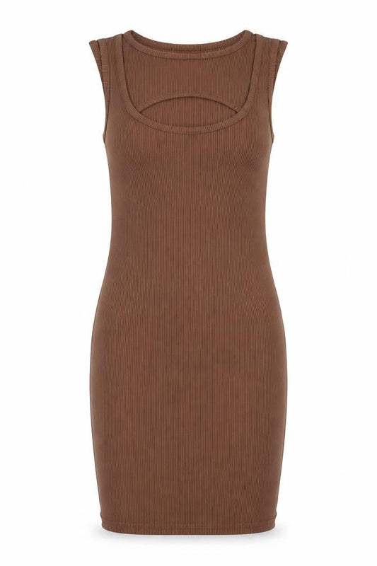 Front view of PRETTYLITTLETHING Brown Bodycon Mini Dress UK 4