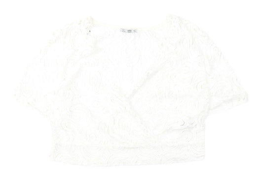 Zara White Lace Women's Cropped V-Neck Blouse - Size L