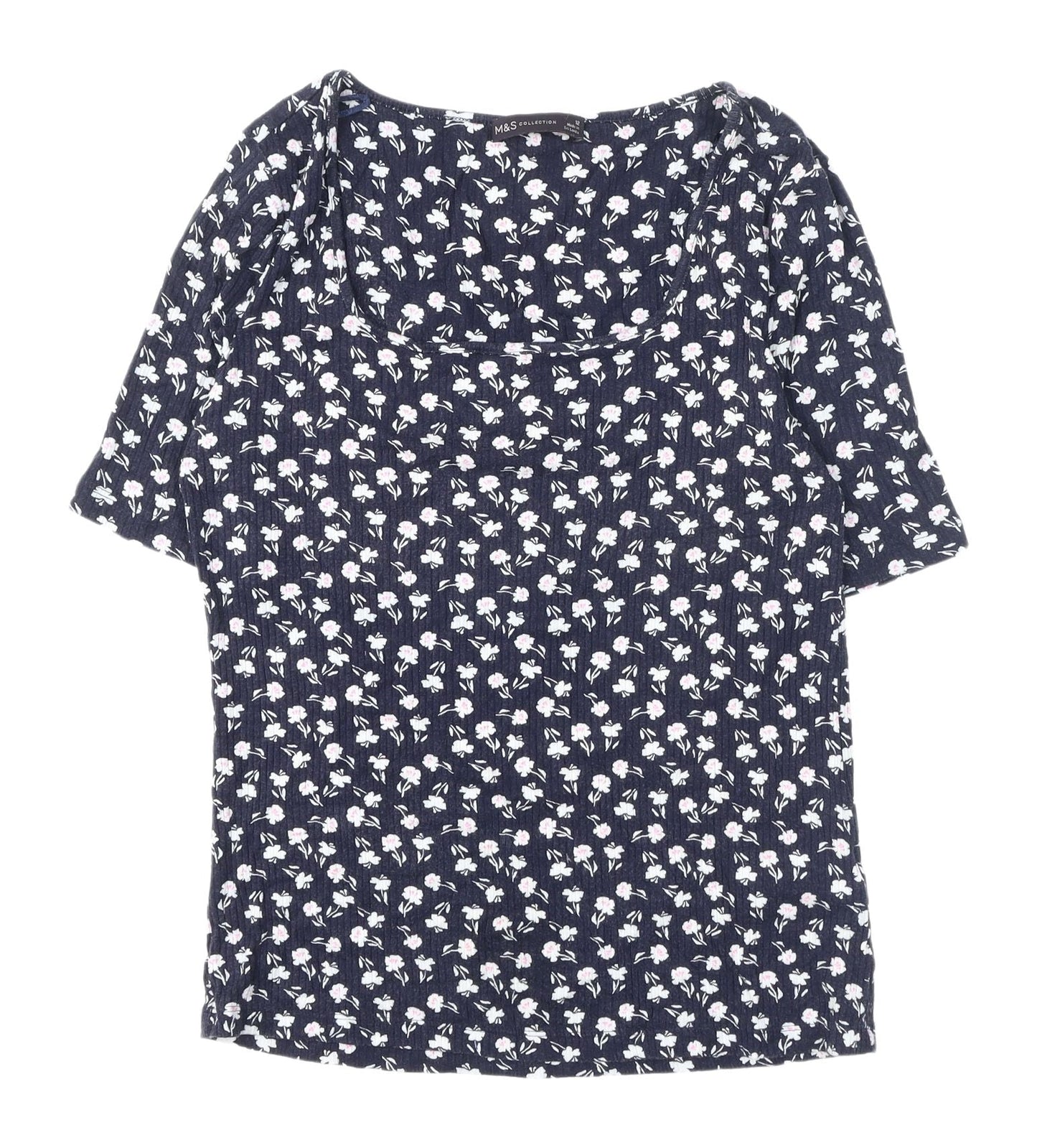 Marks and Spencer Women's Blue Floral T-Shirt - Size 12