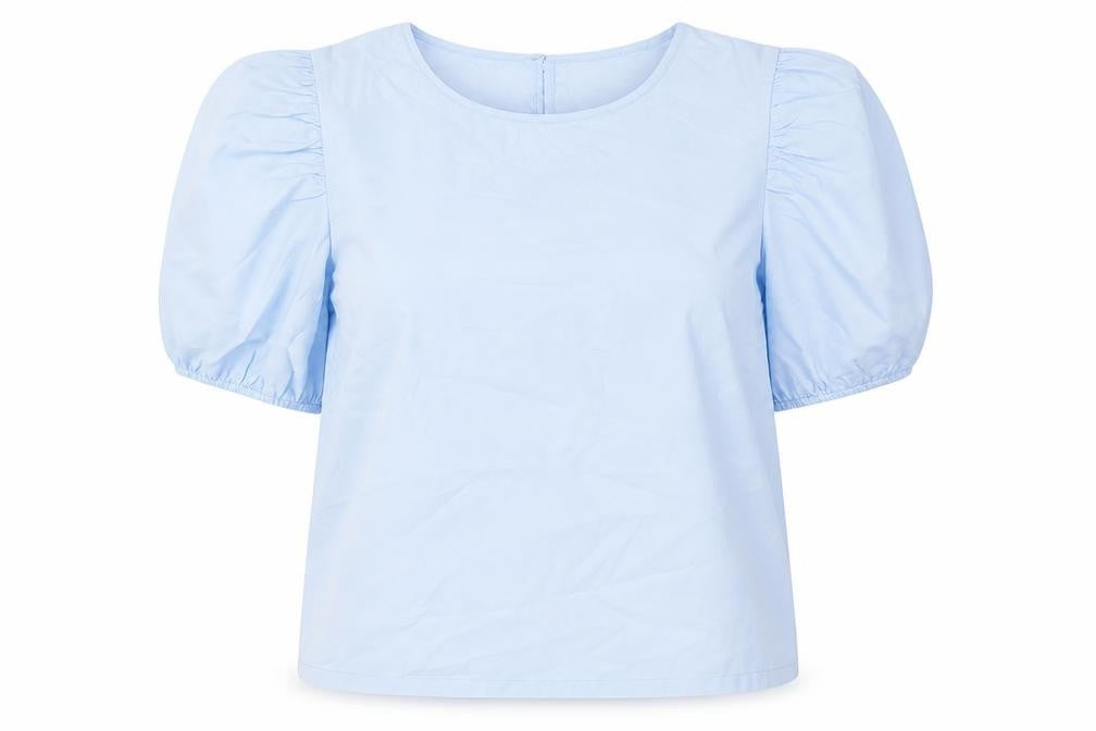 M&Co Women's Blue Petite Round Neck Puff Sleeve Blouse