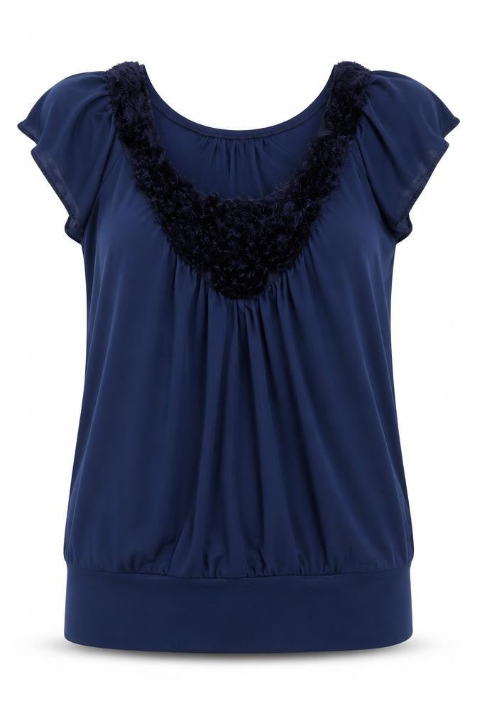 Reflections Women's Blue Blouse, M, Fur Trim V-Neck