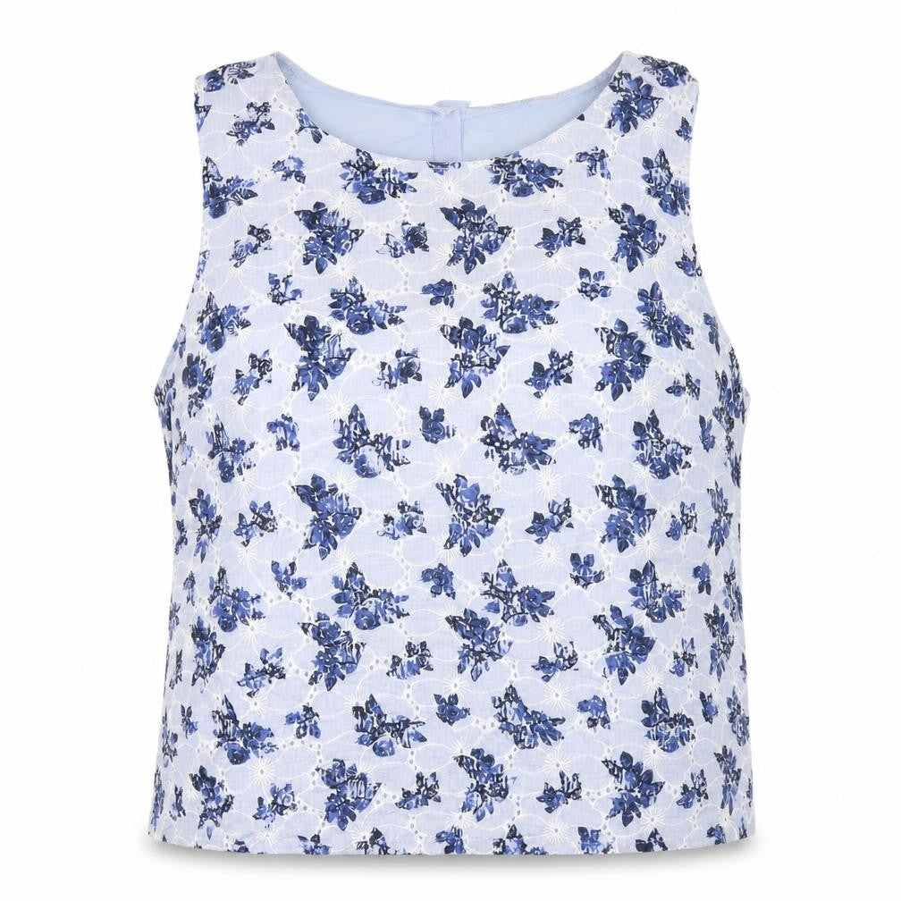 BHS Women's Blue Floral Embroidered Sleeveless Blouse