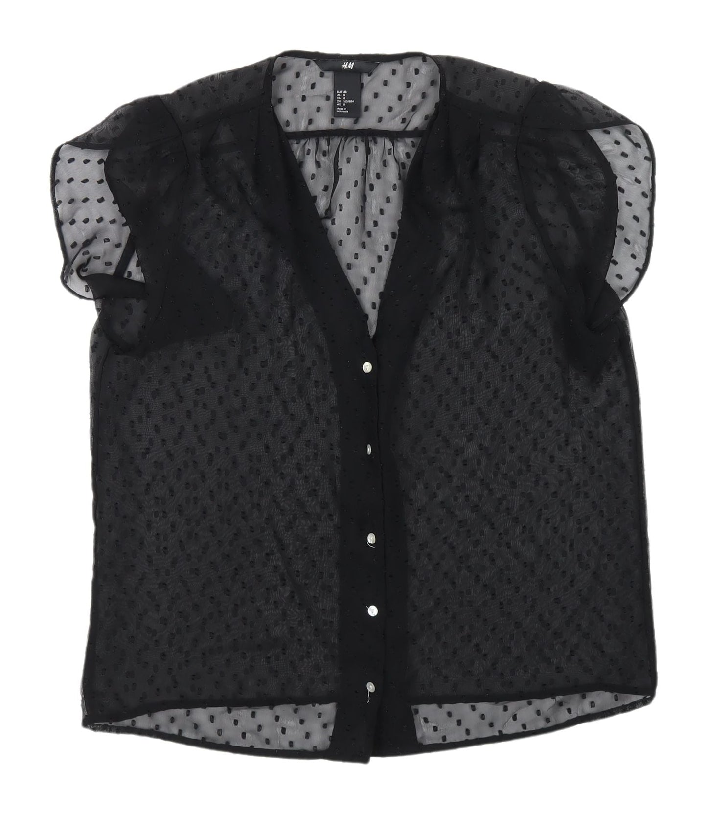 H&M Black Polka Dot Sheer Blouse, Size 10, V-Neck