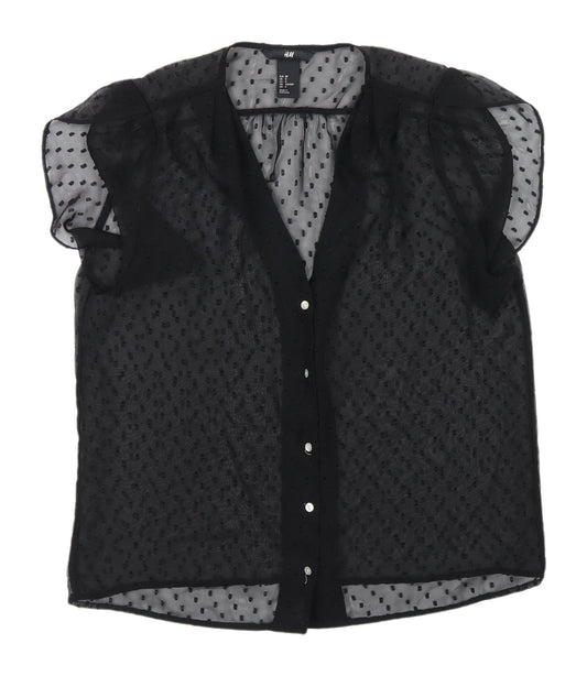 H&M Black Polka Dot Sheer Blouse, Size 10, V-Neck