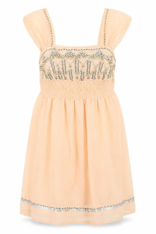 Front view of Dorothy Perkins Beige Smocked Beaded A-Line Dress 16