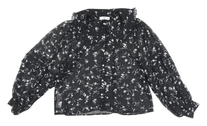 Mango Women's Black Floral Blouse, Size 12, Collared Chiffon