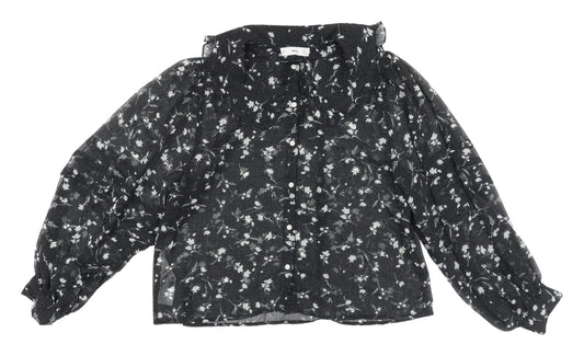 MNG Women's Black Floral Blouse, Size 12, Collared Chiffon