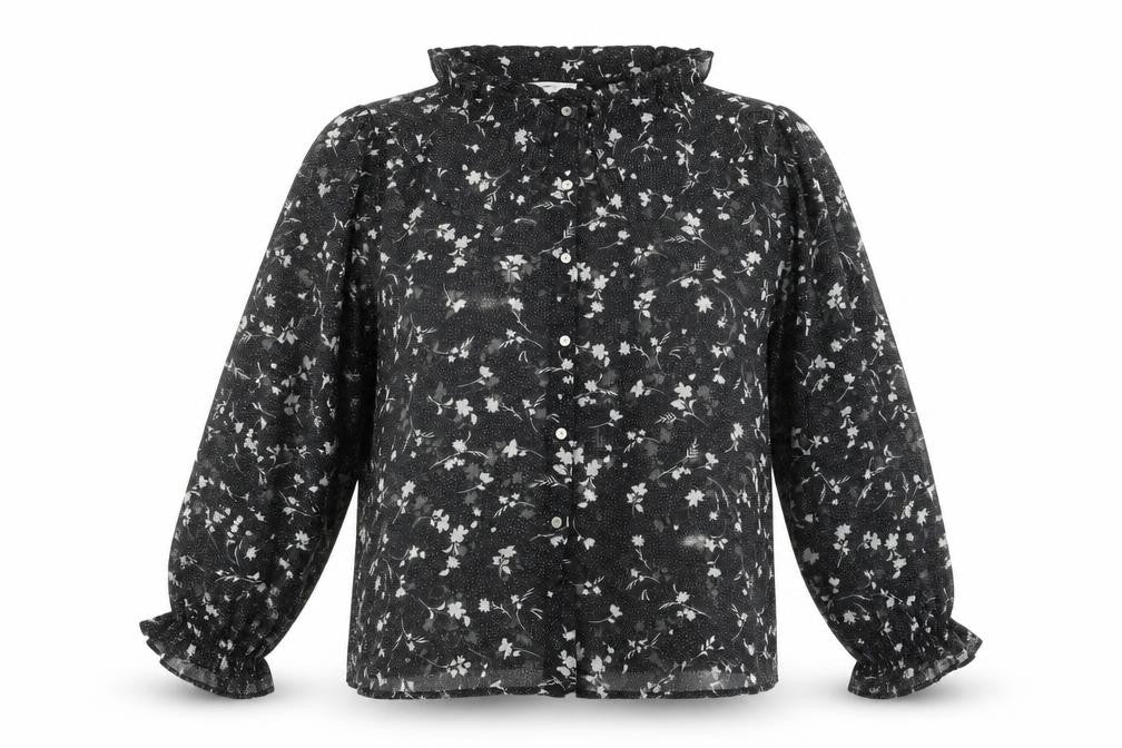 MNG Women's Black Floral Blouse, Size 12, Collared Chiffon