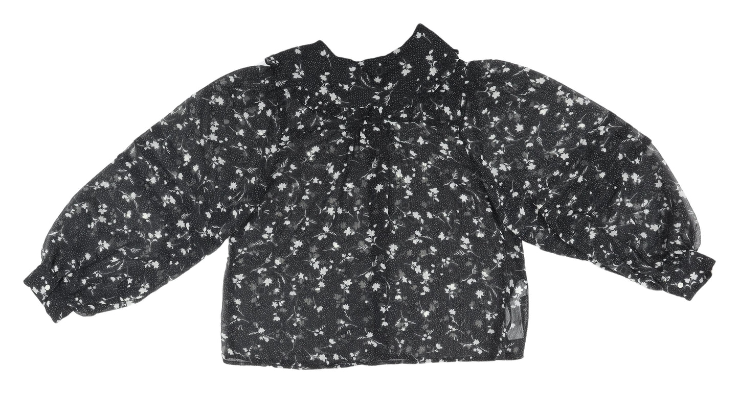 MNG Women's Black Floral Blouse, Size 12, Collared Chiffon
