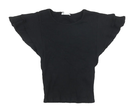 Zara Women's Black Flutter Sleeve Knit T-Shirt Size S