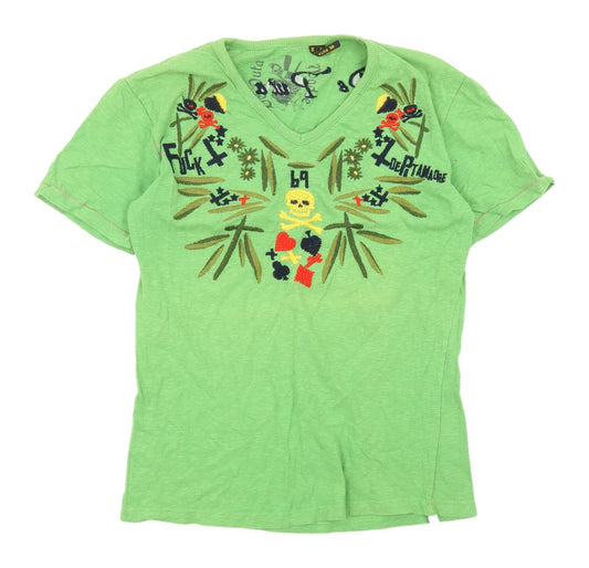 De Puta Madre Green Embroidered Jersey T-Shirt - Small