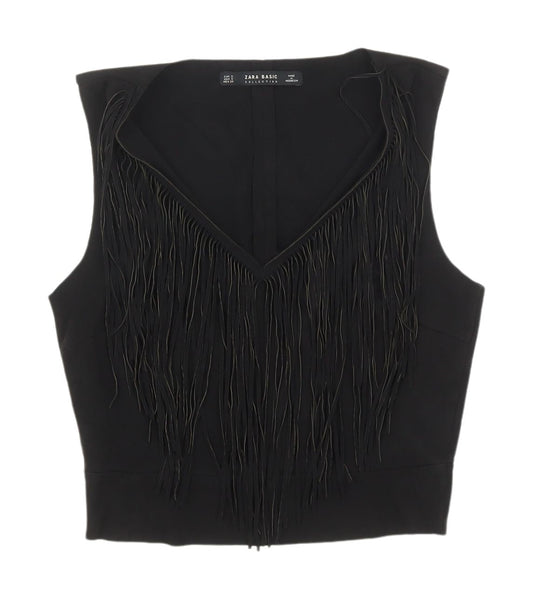 Zara Women's Black Fringe V-Neck Tank Top, Size S, Casual Chic