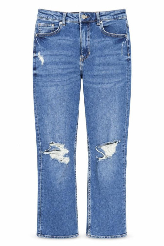 Women's High Waist Blue Straight Distressed Jeans, Size 8