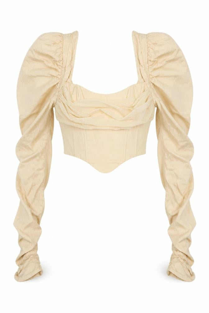 Oh Polly Women's Beige Cropped Top, Size 6, Puff Sleeve