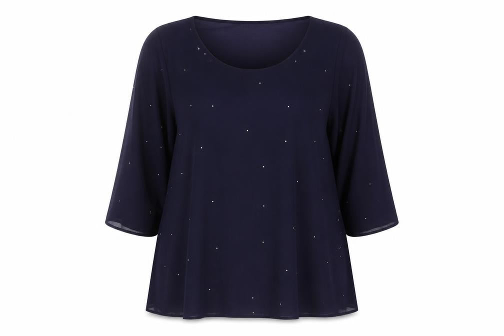Evans Women's Blue Beaded Blouse, Size 16, 3/4 Sleeve, Scoop Neck