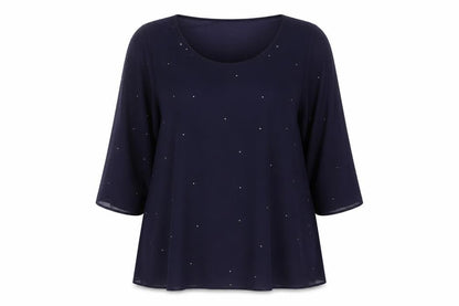 Evans Women's Blue Beaded Blouse, Size 16, 3/4 Sleeve, Scoop Neck