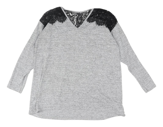 Lipsy Women's Grey Lace Accent Long Sleeve Top, Size 14