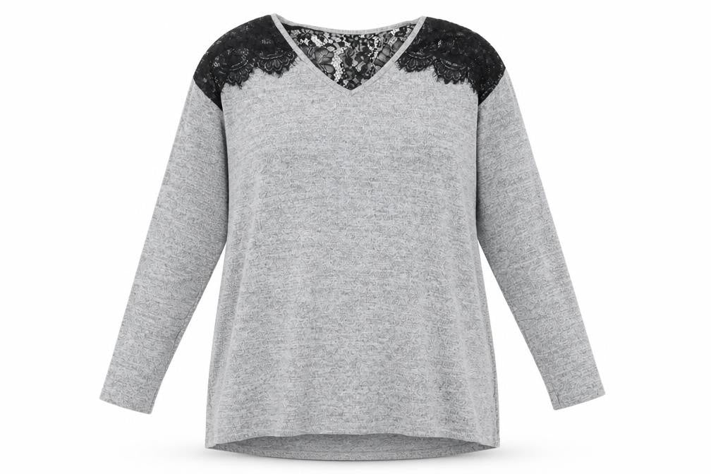Lipsy Women's Grey Lace Accent Long Sleeve Top, Size 14