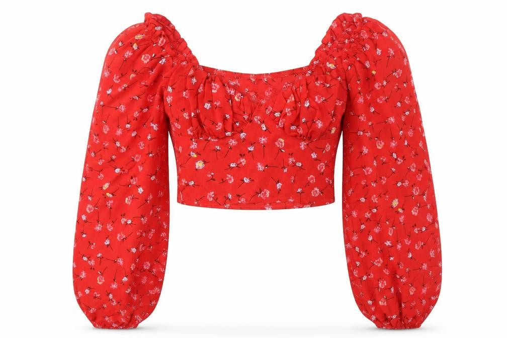 PrettyLittleThing Women's Red Floral Cropped Blouse