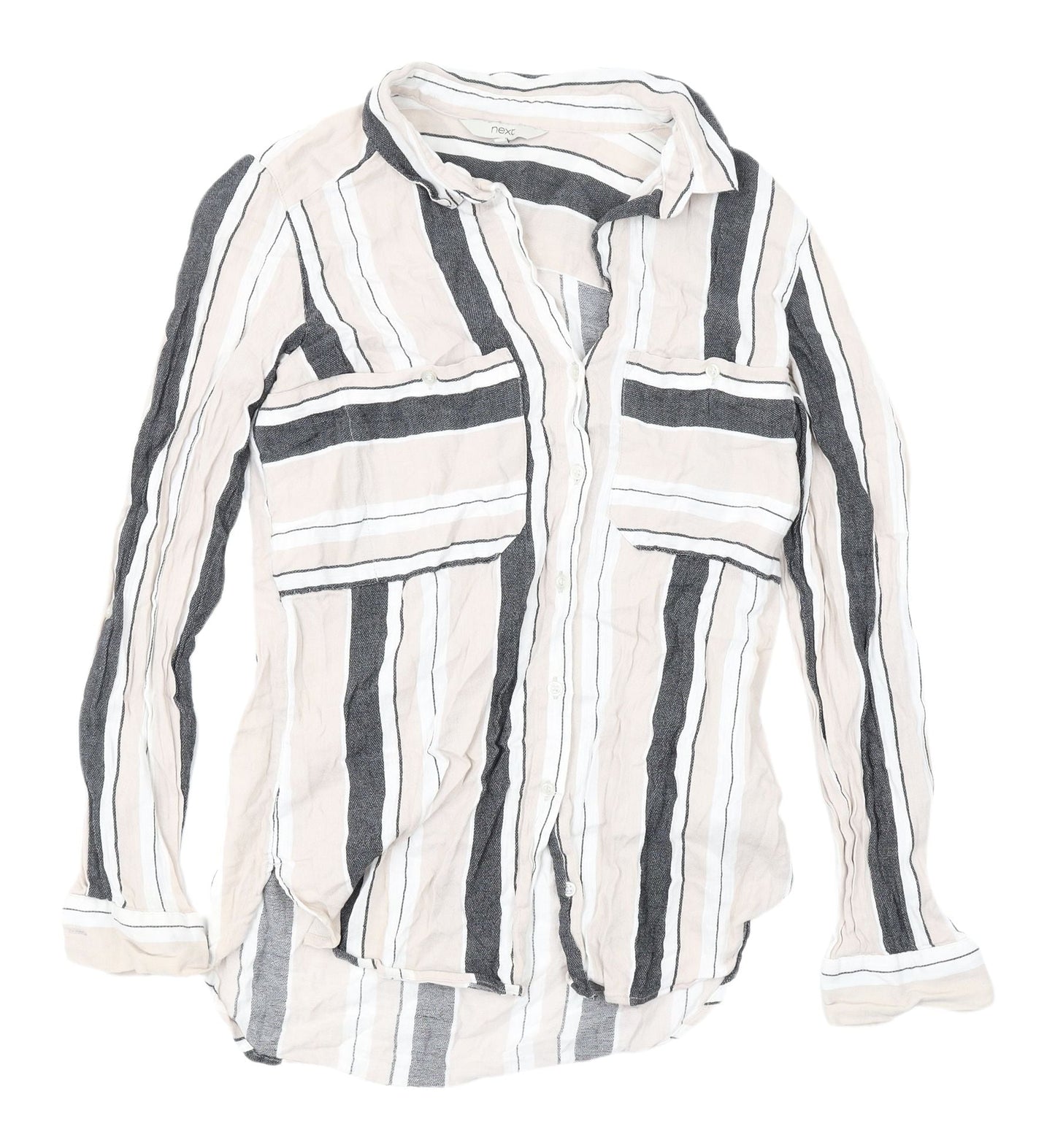 Next Women's Grey & White Striped Button-Up Shirt, Size 8