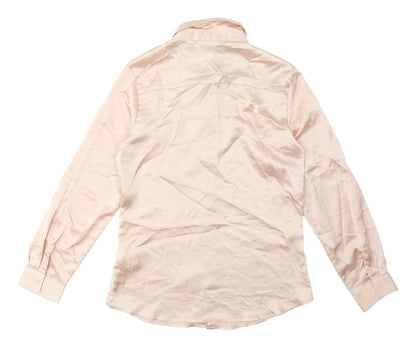 Back view of I Saw It First Beige Satin Button-Up Shirt Women