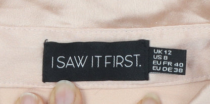 Close-up detail of I Saw It First Beige Satin Button-Up Shirt Women
