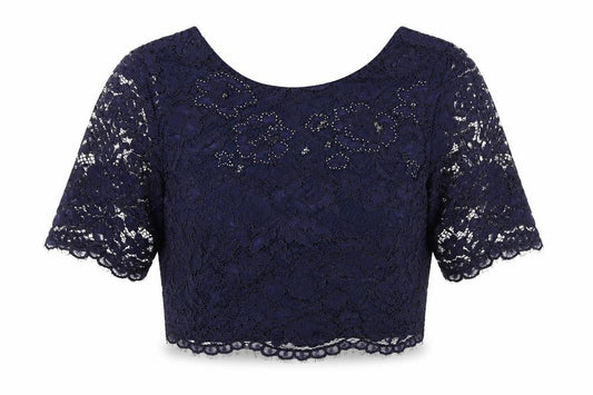 Coast Women's Blue Cropped Lace Blouse Size 10