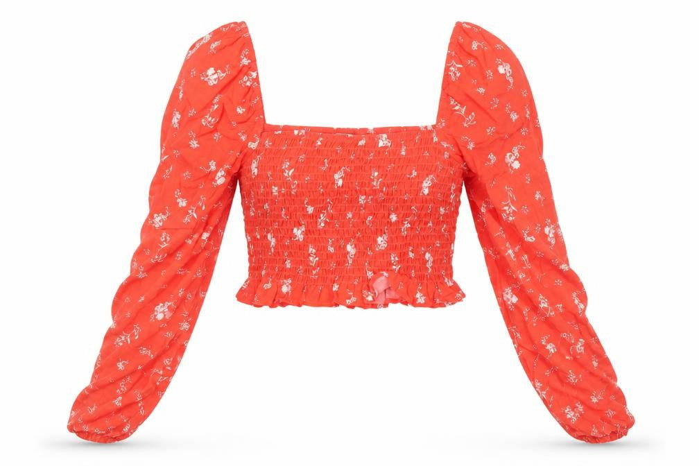 H&M Red Floral Cropped Blouse with Puff Sleeves