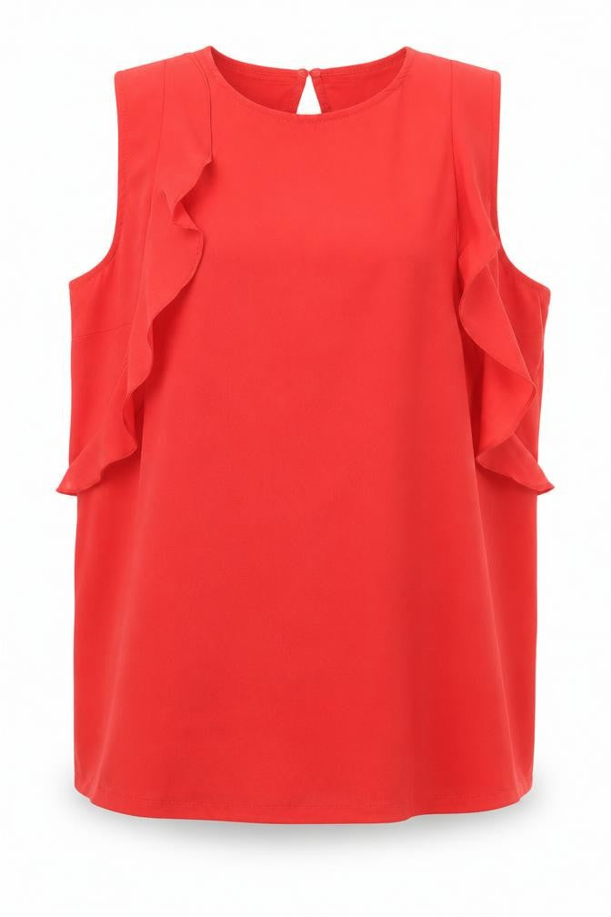 Warehouse Red Sleeveless Blouse - Women's Size 12, Ruffled Style