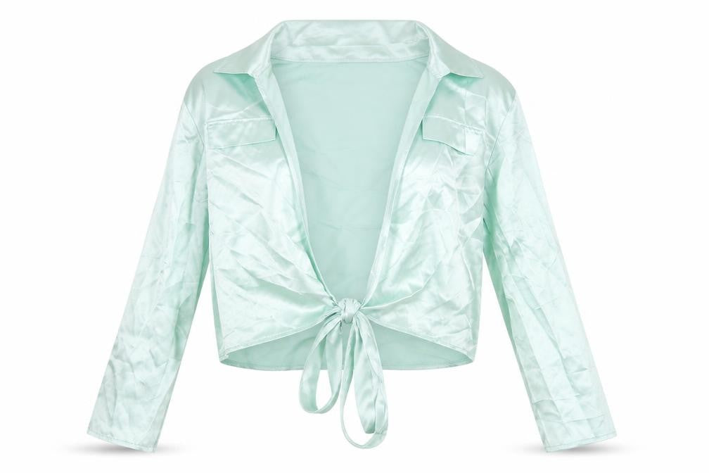 Boohoo Green Cropped Satin Blouse, Size 14, Casual V-Neck