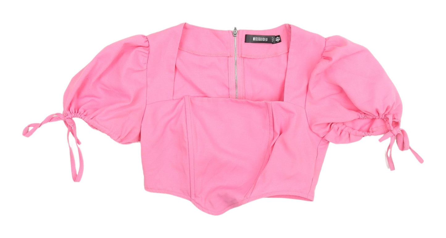 Missguided Women's Pink Cropped Blouse with Balloon Sleeves