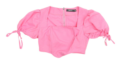 Front view of Missguided Women's Pink Cropped Blouse with Balloon Sleeves