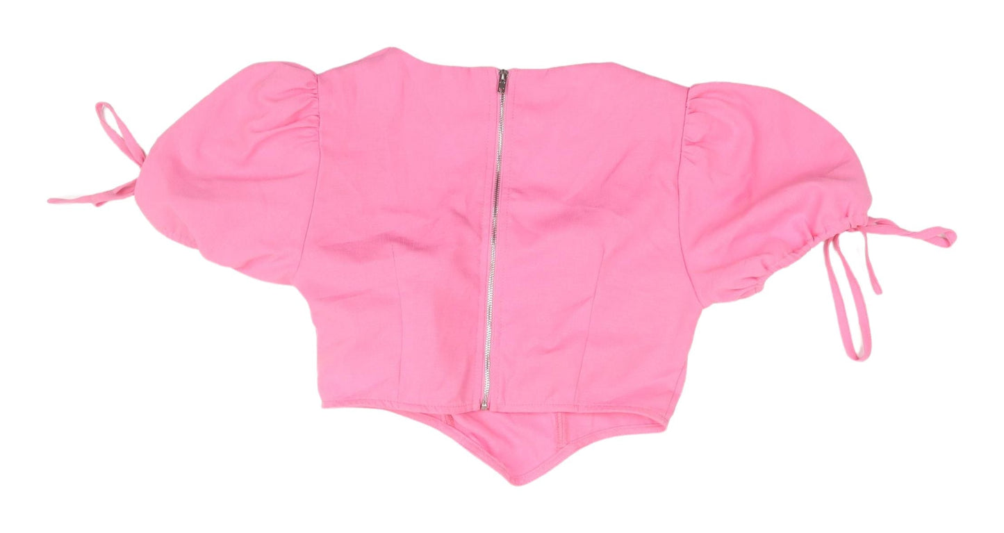 Missguided Women's Pink Cropped Blouse with Balloon Sleeves