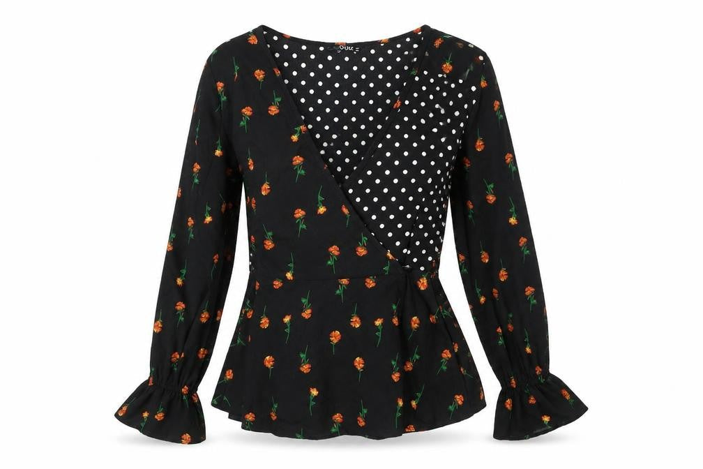 Quiz Women's Black Floral Polka Dot Wrap Blouse Size 8