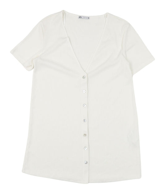 Zara Women's White V-Neck Button-Up Top M