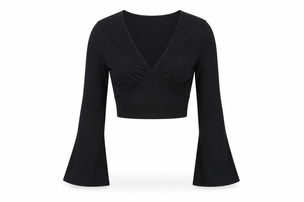 New Look Black Cropped Blouse V-Neck Flared Sleeve