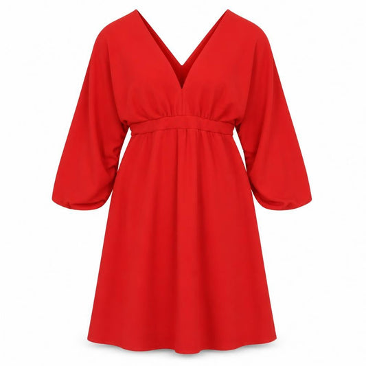 Front view of Boohoo Red V-Neck A-Line Dress, UK 10
