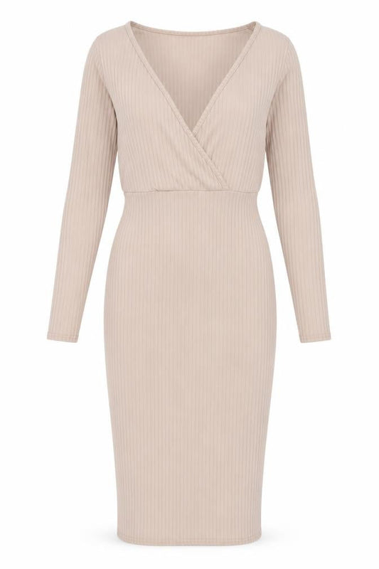 Front view of I Saw It First Beige Long Sleeve Bodycon Dress