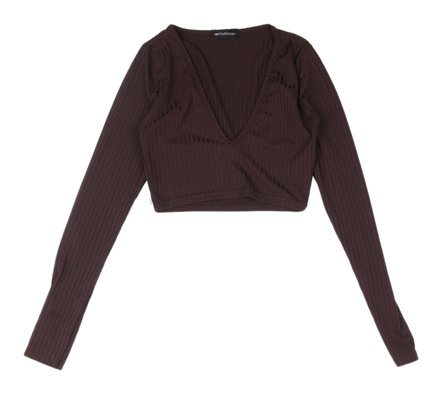 PrettyLittleThing Brown Cropped Blouse - Size 6, V-Neck