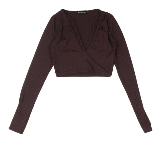 PrettyLittleThing Brown Cropped Blouse - Size 6, V-Neck