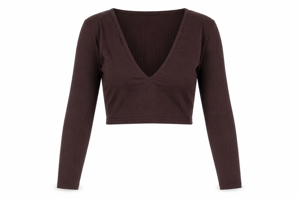 PrettyLittleThing Brown Cropped Blouse - Size 6, V-Neck