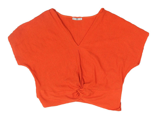 Zara Women's Orange Cropped Blouse V-Neck Size 12 Casual