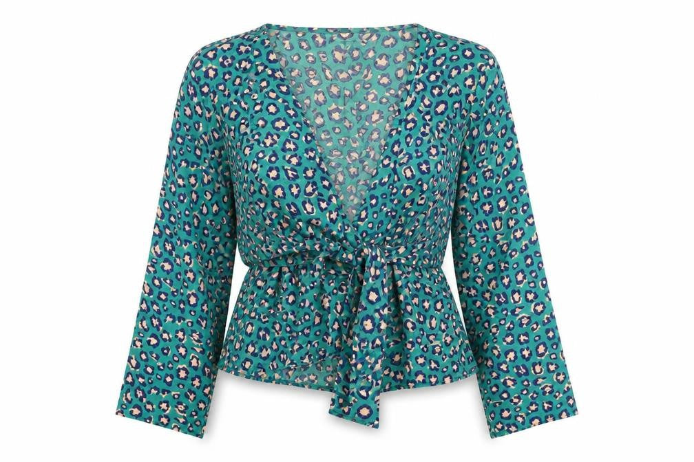 Boohoo Women's Blue Animal Print Wrap Blouse
