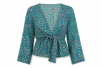 Boohoo Women's Blue Animal Print Wrap Blouse