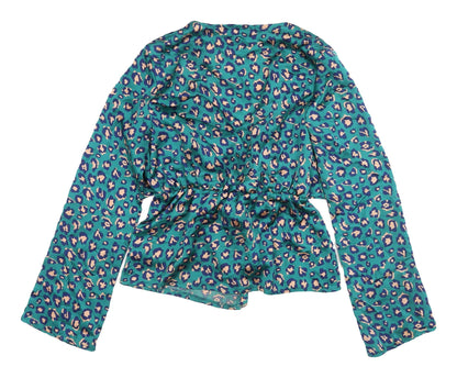 Boohoo Women's Blue Animal Print Wrap Blouse
