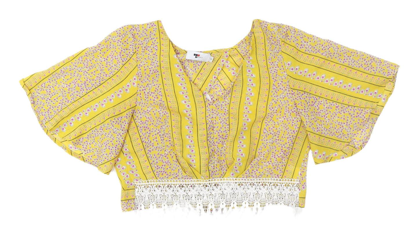 TEMT Women's Yellow Floral Bohemian Cropped Blouse