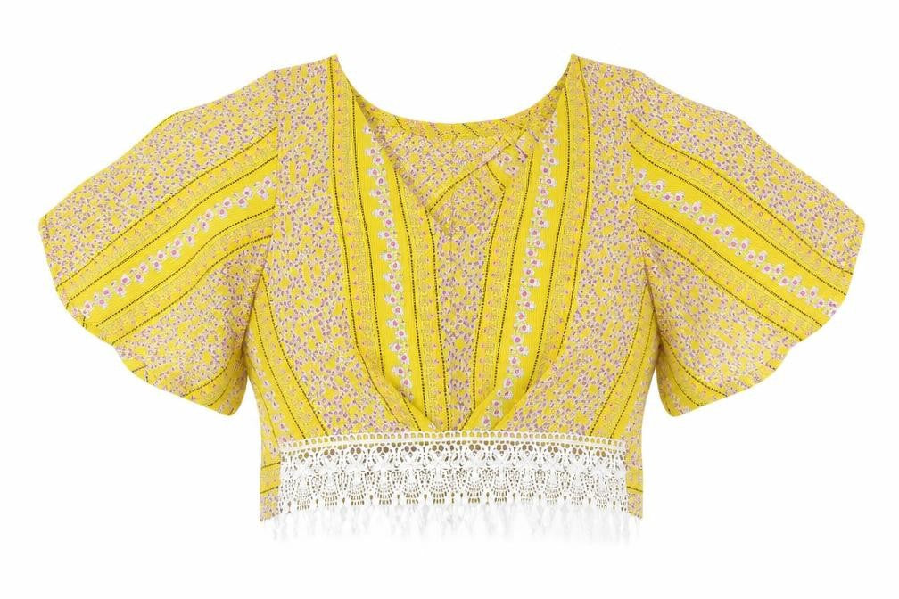 TEMT Women's Yellow Floral Bohemian Cropped Blouse